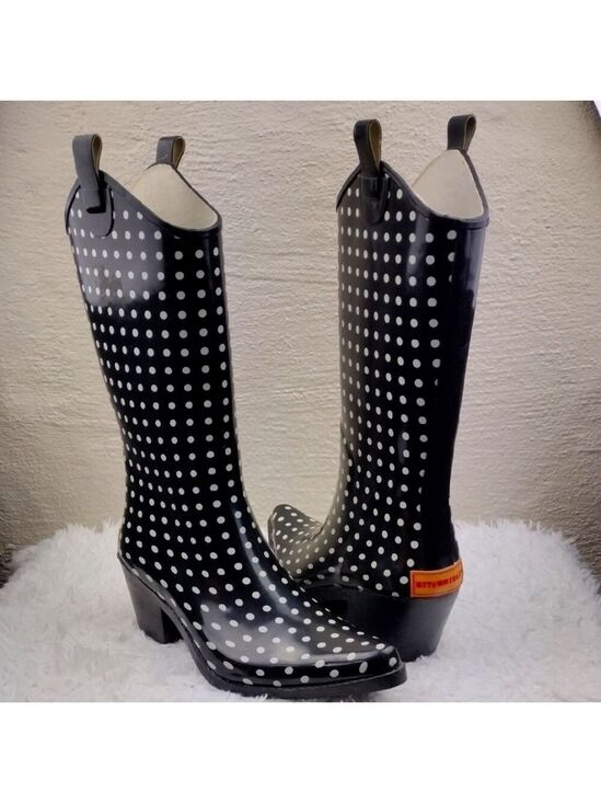 Bit & Bridle Shoes - Bit & Bridle Black White Polka Dot Pointed Toe Heeled Western Style Rain Boot